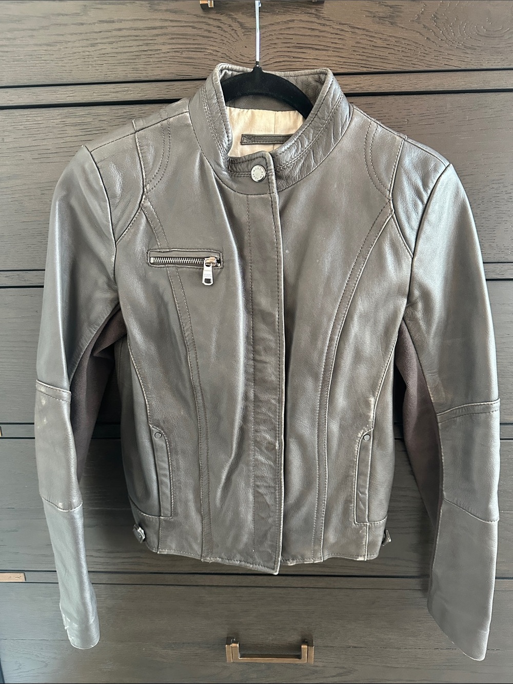 Andrew Marc Gray Leather Moto Jacket